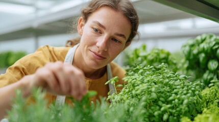 Woman tending herbs in greenhouse