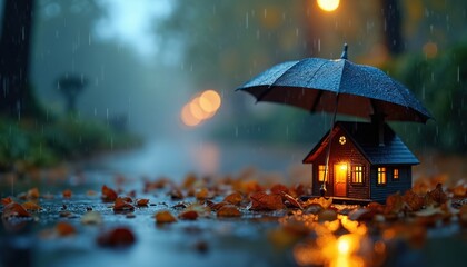 Miniature house protected by umbrella from rain. Conceptual photo about home insurance residential coverage safety and property protection. Autumn mood with fallen leaves and blurred background.