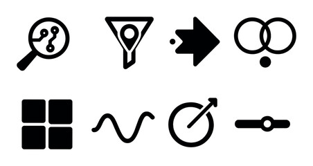 Black abstract icon set on dark background: technology and data symbols