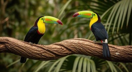 Fototapeta premium Two toucans with bright yellow and black feathers perch on a twisted branch surrounded by green palm leaves. Perfect for tropical wildlife themes, nature projects, or exotic bird content.