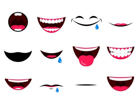 A collection of expressive cartoon mouth illustrations showing various emotions like laughter, smiles, and crying, isolated on a white background for character design