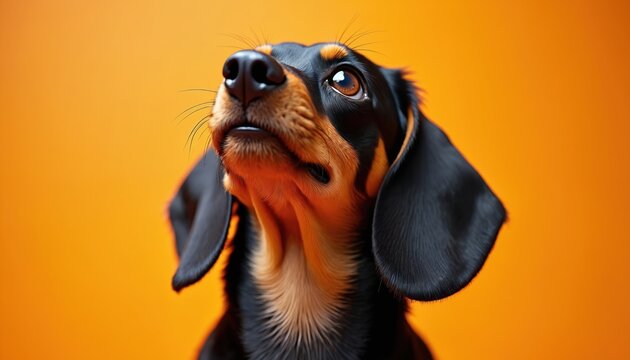 Black and tan dachshund dog with a curious gaze looking up against bright orange background. Cute pet portrait in studio setting. Canine with expressive eyes.