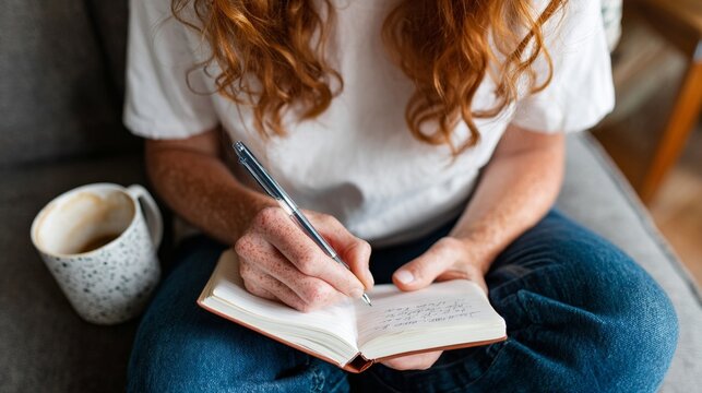 Woman writing in notebook while holding pen, sitting at table with coffee cup nearby. - Powered by Adobe