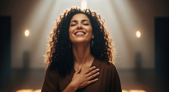 A young woman with curly hair smiles joyfully with her hand on her chest, expressing gratitude and happiness. Perfect for themes of wellness, positive emotions, and personal growth content.