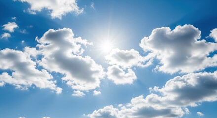 Fototapeta premium Bright sun shining through fluffy white clouds in a vibrant blue sky. Perfect for weather themes, outdoor projects, uplifting designs, spiritual concepts, and positive messaging materials.