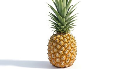 Fototapeta premium A vibrant, ripe pineapple with a green leafy crown stands upright against a clean white background, showcasing its textured skin and tropical appeal.