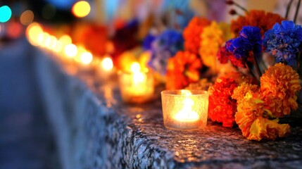 Colorful marigolds and glowing candles line a stone wall during a celebration