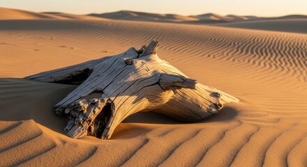 Driftwood in sunlit desert: serene tranquil landscape of golden sand dunes