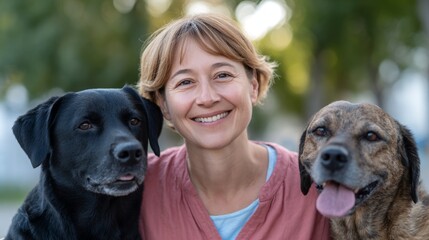 Woman standing between two dogs.