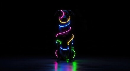 A captivating image of a dog adorned with vibrant and dynamic neon lights shining brightly