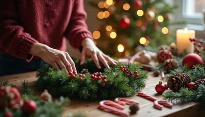 Person in red sweater crafts festive Christmas wreath. Hands arrange evergreen branches, red berries, pinecones on wood table. Cozy scene holiday decor, tree lights, warm candle glowing. People enjoy