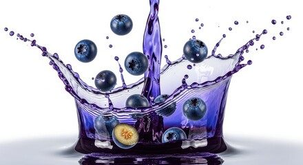 A captivating image of blueberries mid-air, plunging into a splash of vibrant purple juice