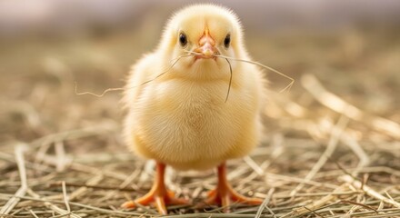 A charming portrait of a fluffy yellow chick with hay, evoking a sense of springtime freshness and