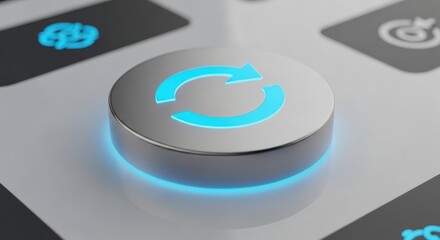 A circular silver button with a glowing blue refresh icon, signaling system update