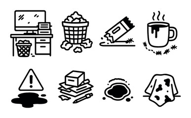 Cluttered office icons: desk, trash, snack, coffee, alert, packages, spill, cloth