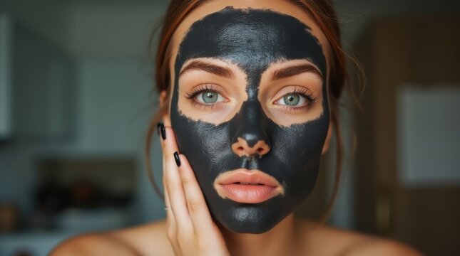 Young woman applying black charcoal clay mask on face
