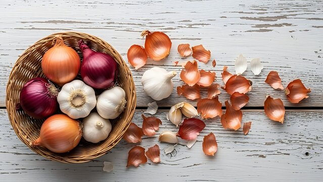 A top down view of onions and garlic in a basket with onion peels on a white wooden surface