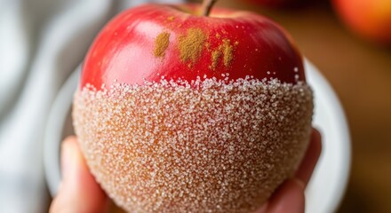 A vibrant red apple partially coated with a cinnamon sugar mixture, held by a hand.