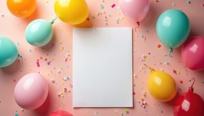 Bright colorful balloons and confetti surround a blank white card. Add your text for birthdays, parties, or invitations. Fun festive event backdrop.