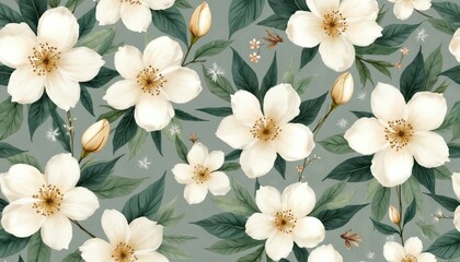 Obraz premium Floral pattern with elegant white blooms, green foliage design. Seamless repeat surface textile art. Suitable for wallpaper pattern prints, eco friendly product decorations. Great for backgrounds,