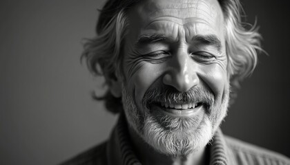 Elderly man smiles with eyes closed feeling happy and relieved. His face shows wrinkles from joy and deep contentment. He looks peaceful and at ease in this black and white portrait.