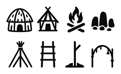 Primitive shelter icons: teepee, fire, hut, ladder, and archway on olive background