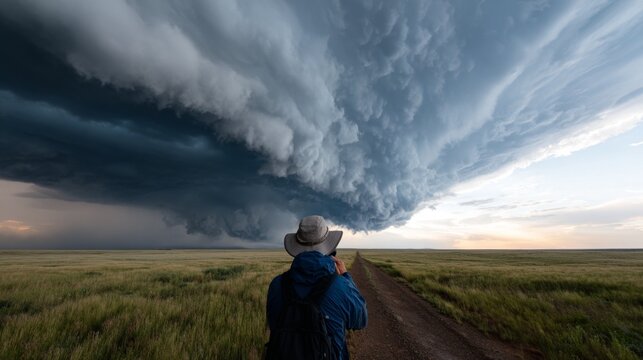 Person standing in field under large cloud formation.
