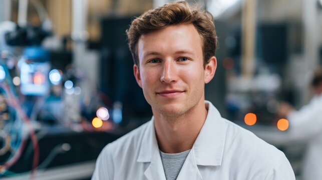 Man in lab coat standing in factory.