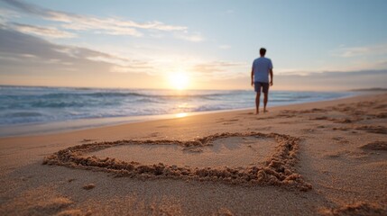 Person standing on beach at sunset, leaving heart shape in sand.