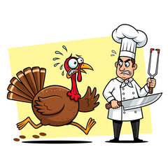 A funny cartoon of a scared turkey running and escaping from an angry chef with a knife before Thanksgiving dinner