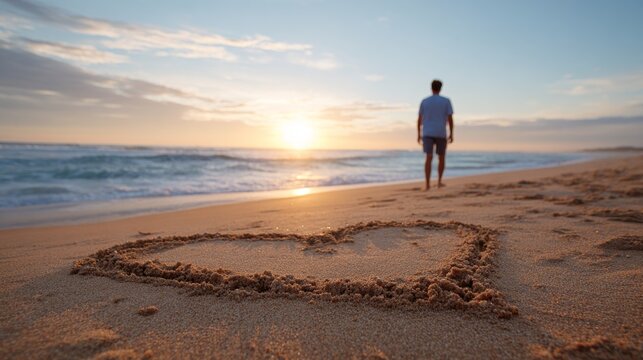 Person standing on beach at sunset, leaving heart shape in sand.