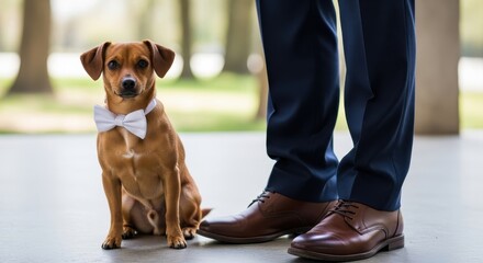 Groom with a dog wearing a bow tie and elegant brown shoes