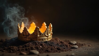 Golden crown sits on dark soil emitting smoke and light. Symbolizes broken royalty or humility in a divine kingdom. Represents spiritual concepts or historical narratives.