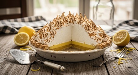 A delectable lemon meringue pie served on a rustic wooden table ambiance showcases culinary