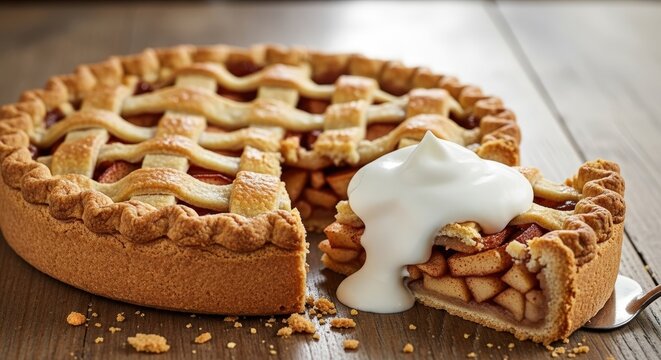 Delicious homemade apple pie with a lattice crust, a slice removed, and whipped cream on top, served on a wooden table. - Powered by Adobe