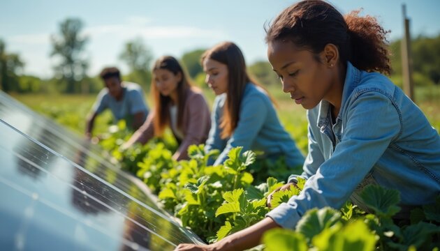 Young diverse people work with solar panels and grow plants in field. Team builds sustainable farm using renewable energy tech for eco friendly food production.