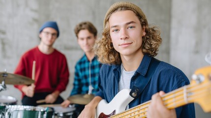 Fototapeta premium Man in band posing with bass, drums, guitar, microphone, headphones.
