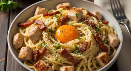A delightful culinary creation: carbonara pasta with tender chicken and a vibrant egg yolk