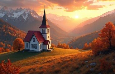 Fototapeta premium White church with red roof stands on hill. Mountains with snow peaks and valley are in background. Autumn trees glow orange, yellow, red in warm sunset light. Sky shows dramatic clouds at golden hour.