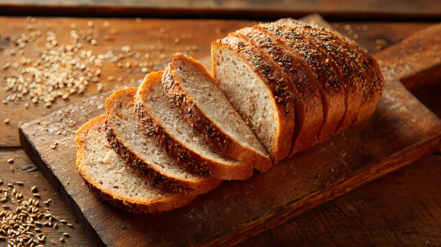 Sliced whole grain bread with various seeds on a wooden board