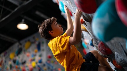 Boy climbing indoor rock wall.