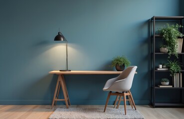 Fototapeta premium Modern home office interior. Empty workspace with desk lamp chair green plants bookshelf. Minimalist design with wood floor rug and blue wall. Stylish modern interior design concept.