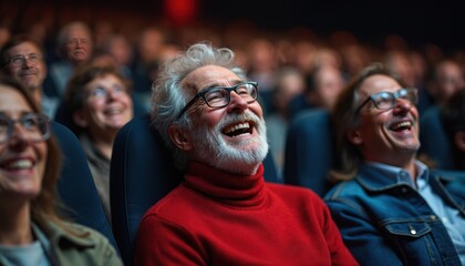 Obraz premium Elderly man laughs heartily watching comedy show in packed theater venue. Diverse audience members share joy, amusement, experiencing live humor performance together. Excited seniors enjoy