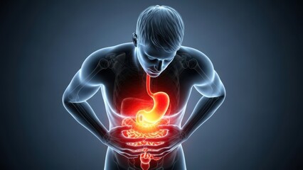 Illustration of 3d rendering of a man clutching his stomach in pain, highlighting the inflamed stomach and digestive system with glowing red light to represent illness or discomfort