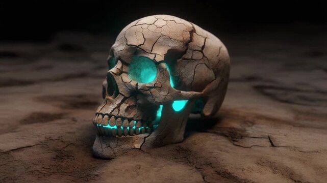 The head of a peacock in the sand is presented as a scary white human 3D skull with old bone cranium anatomy for a horror object