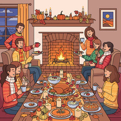 Joyful family togetherness at a cozy autumn feast, celebrating Thanksgiving with a traditional holiday dinner