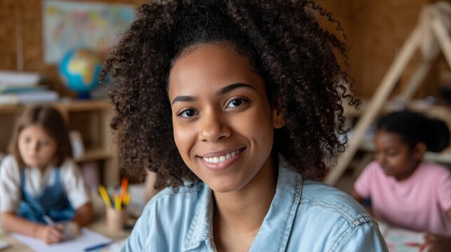 Woman in classroom, smiling at camera.