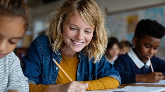 Woman teacher smiling at camera while writing in notebook at desk in classroom with students in background. - Powered by Adobe