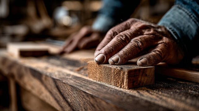 A close-up view of a craftsman's hand resting on a wooden block in a workshop, showcasing the intricate details of woodworking and the artistry involved in the craft.