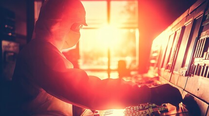Person working in industrial control room at sunset